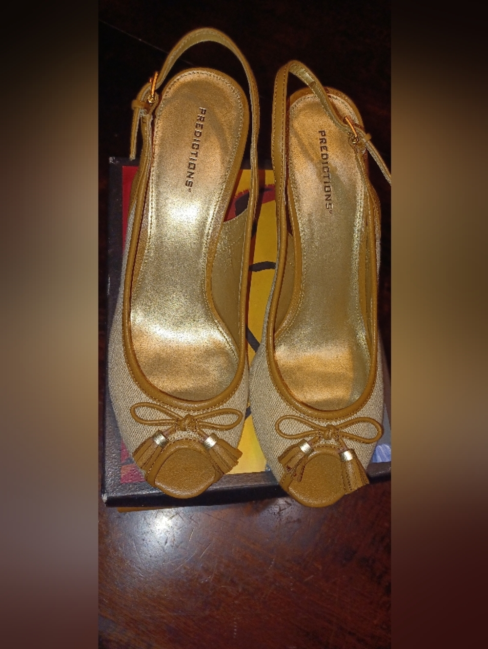 Predictions Gold and Tan Tassel Bow Slingback Flats